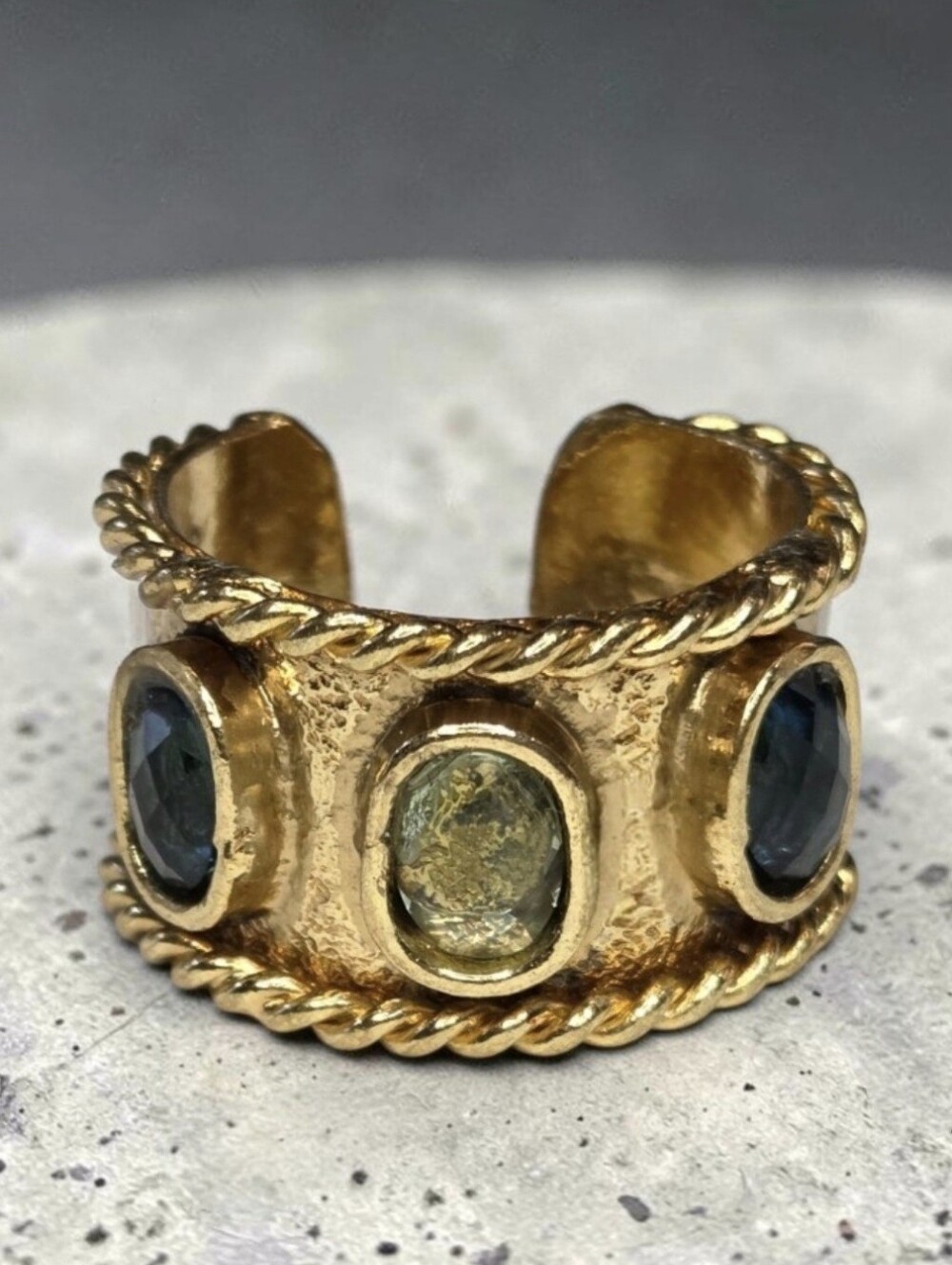 18k Gold Plated Byzantine Revival Emerald Peridot Crystal Wide Band Ring